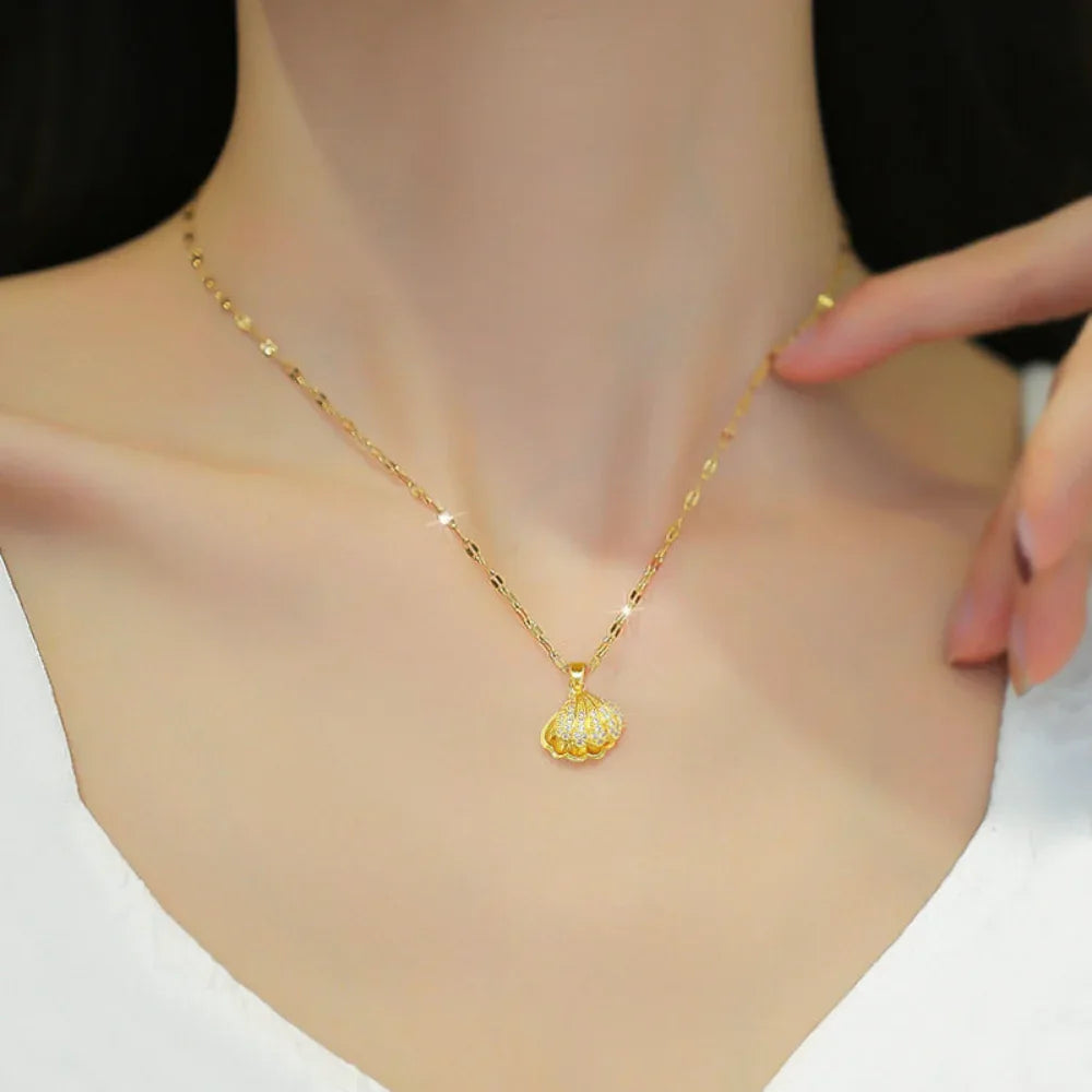 Shell Pearl Necklace With Rhinestones Female Zircon Temperament Personality Jewelry For Women