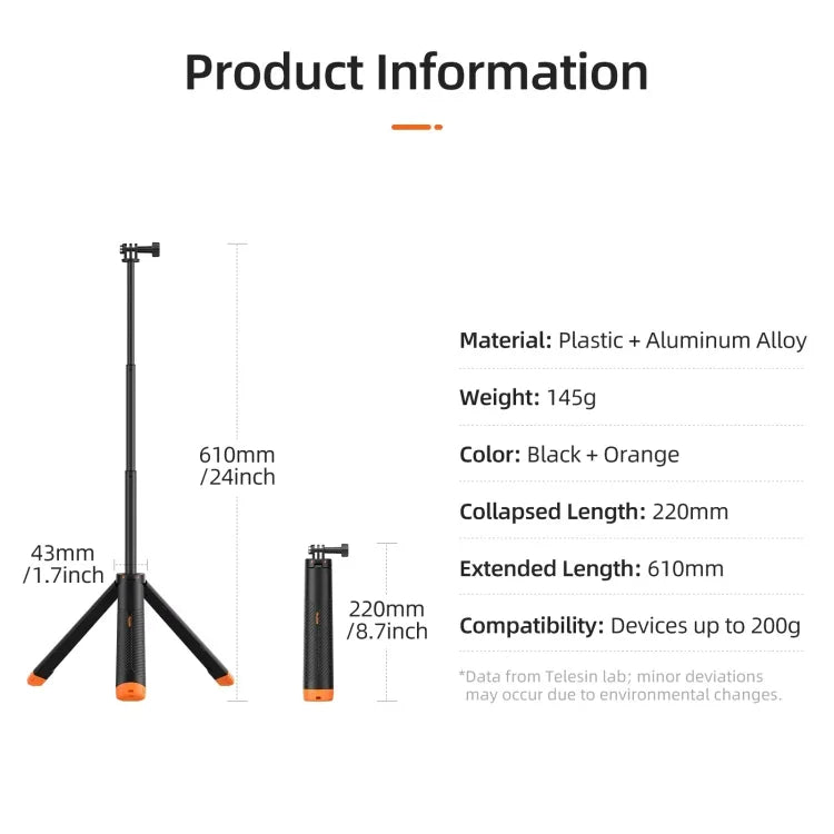 Telesin Flytande Selfiepinne Tripod  220 - 610mm med fäste för GoPro