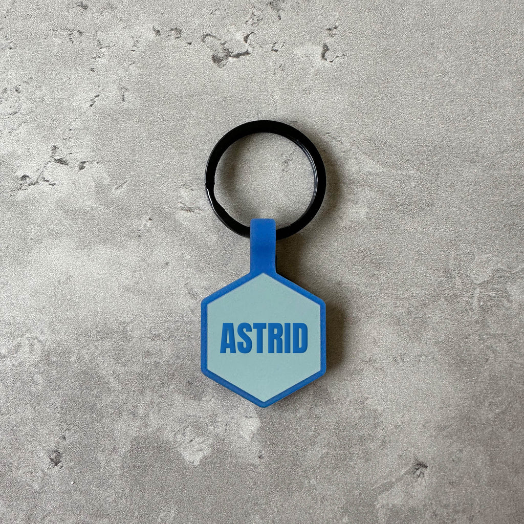 Blå namnbricka till hund - Typsnitt Anton