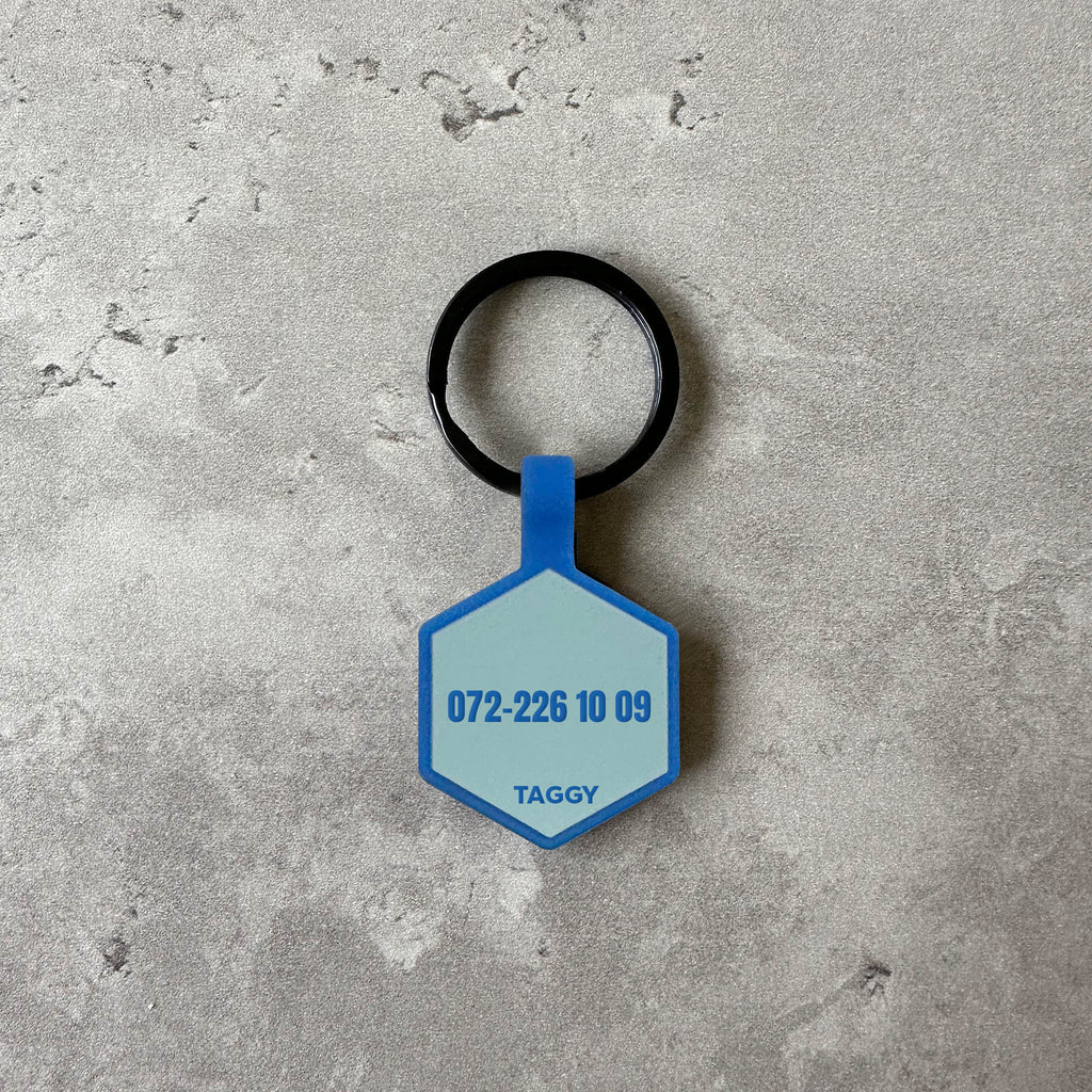 Blå namnbricka till hund - Typsnitt Anton