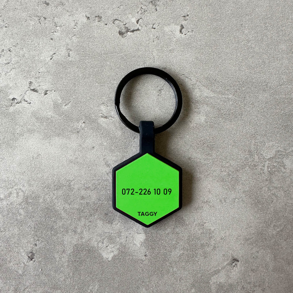 Grön namnbricka till hund - Typsnitt Anton