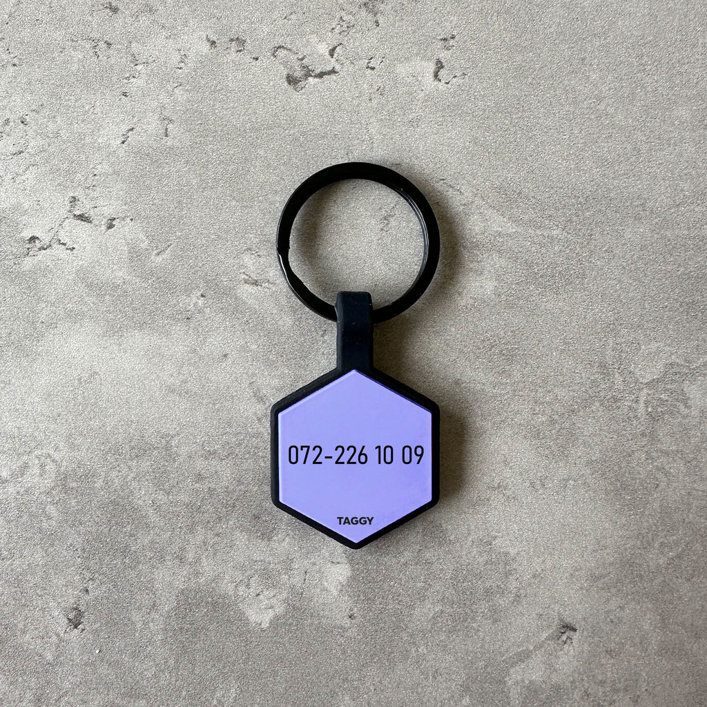 Lila namnbricka till hund - Typsnitt Anton