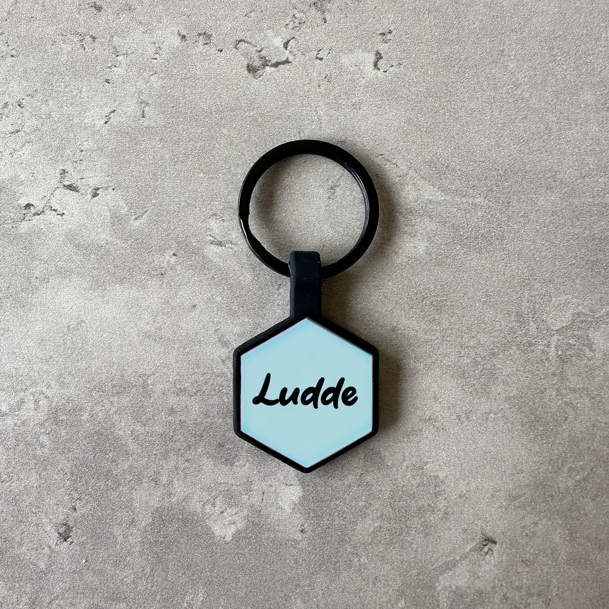 Ljusblå namnbricka till hund - Typsnitt Tea