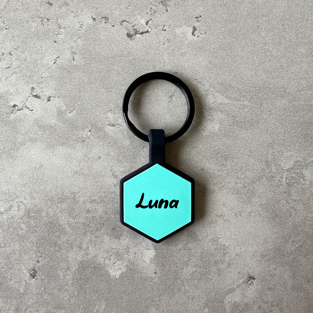 Turkos namnbricka till hund - Typsnitt Tea