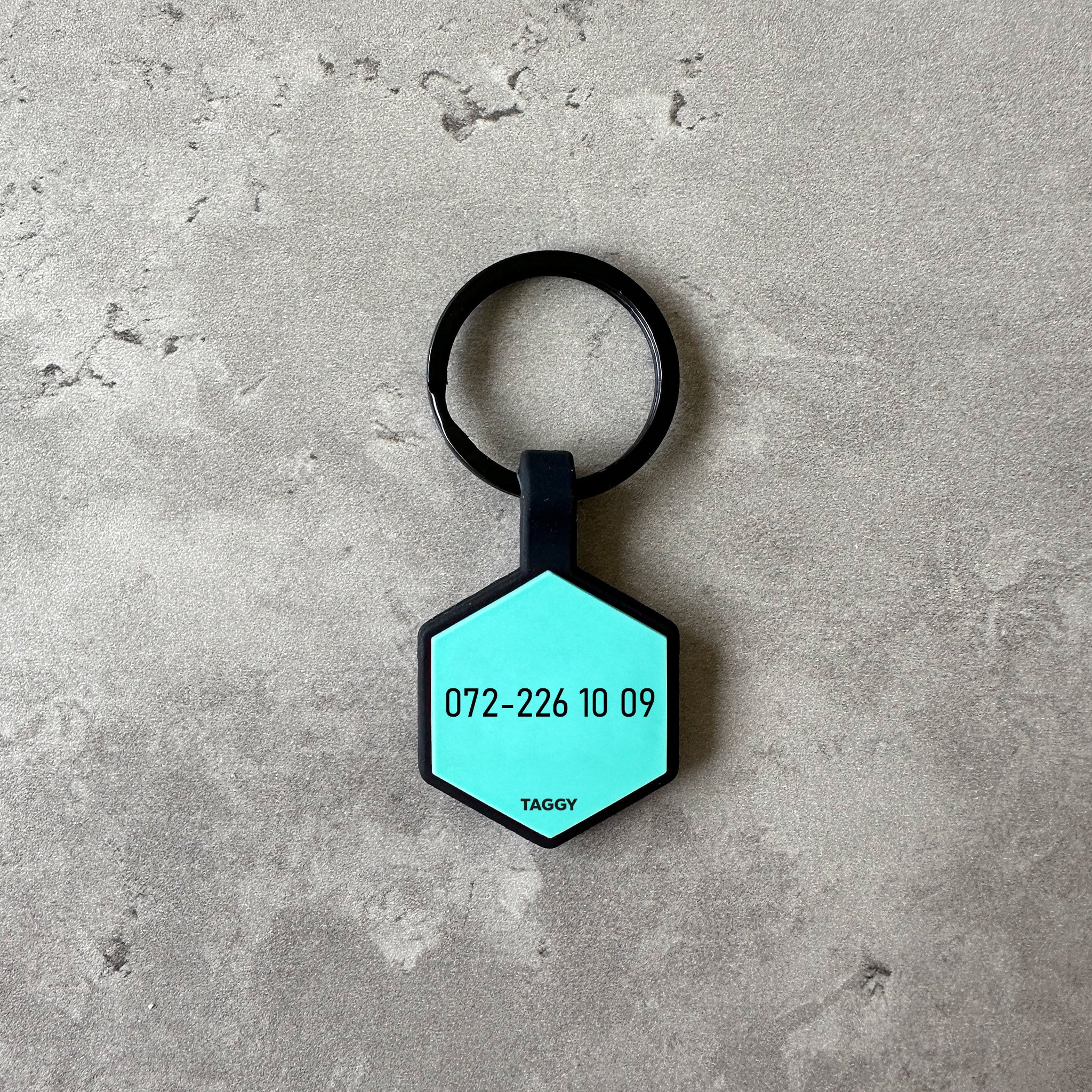 Turkos namnbricka till hund - Typsnitt Anton