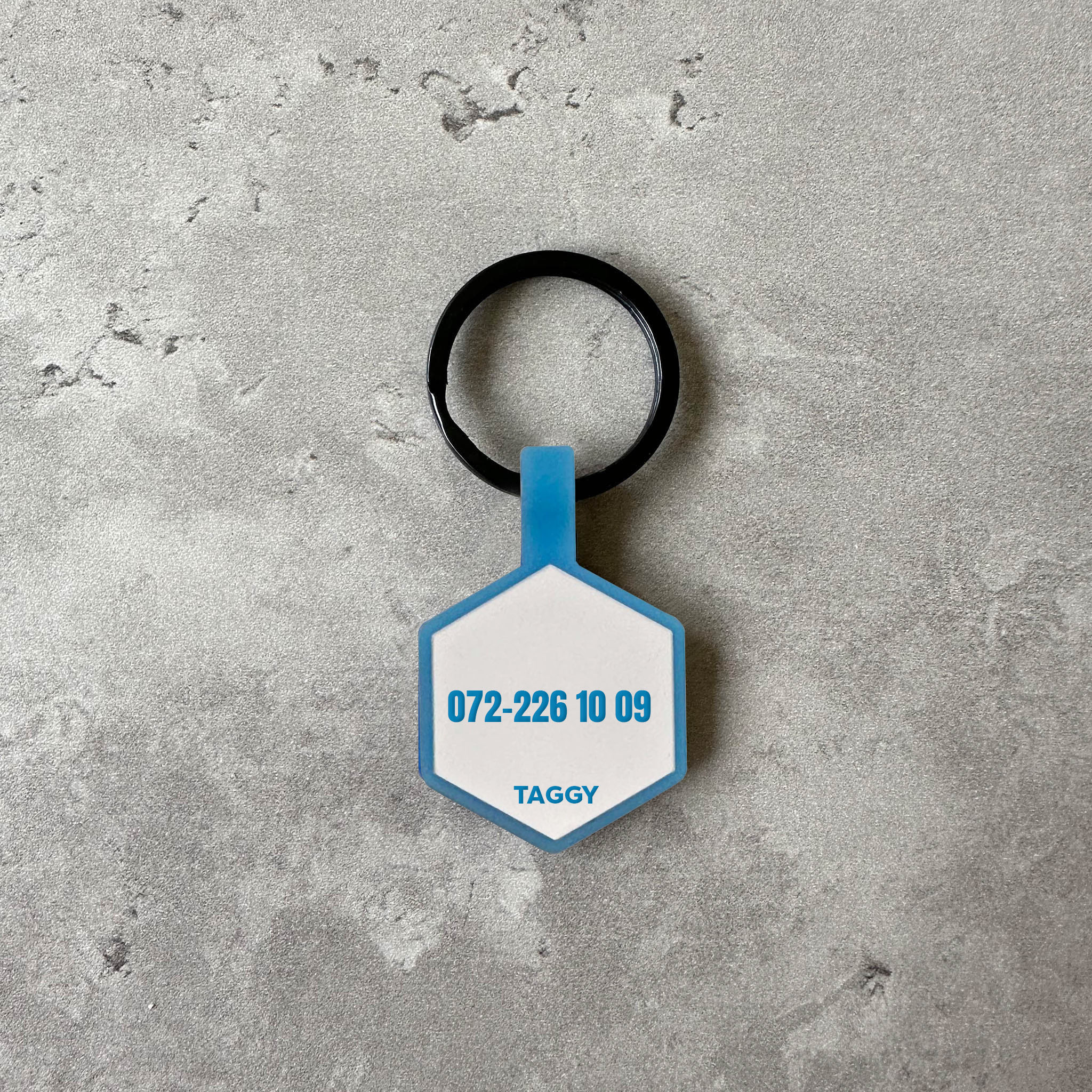 Vit/blå namnbricka till hund - Typsnitt Anton