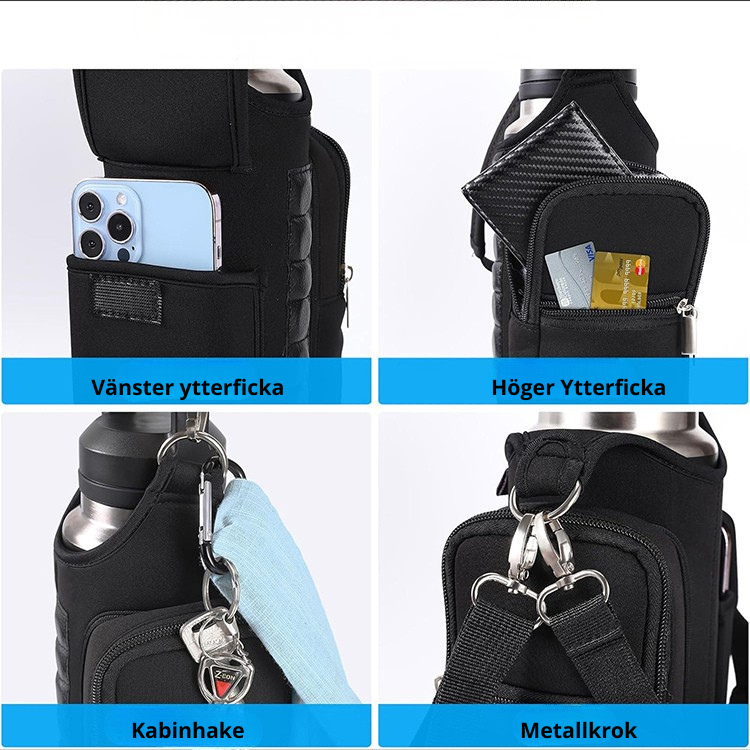 Magnetisk vattenflaskväska – träningsväska med fickor & axelrem