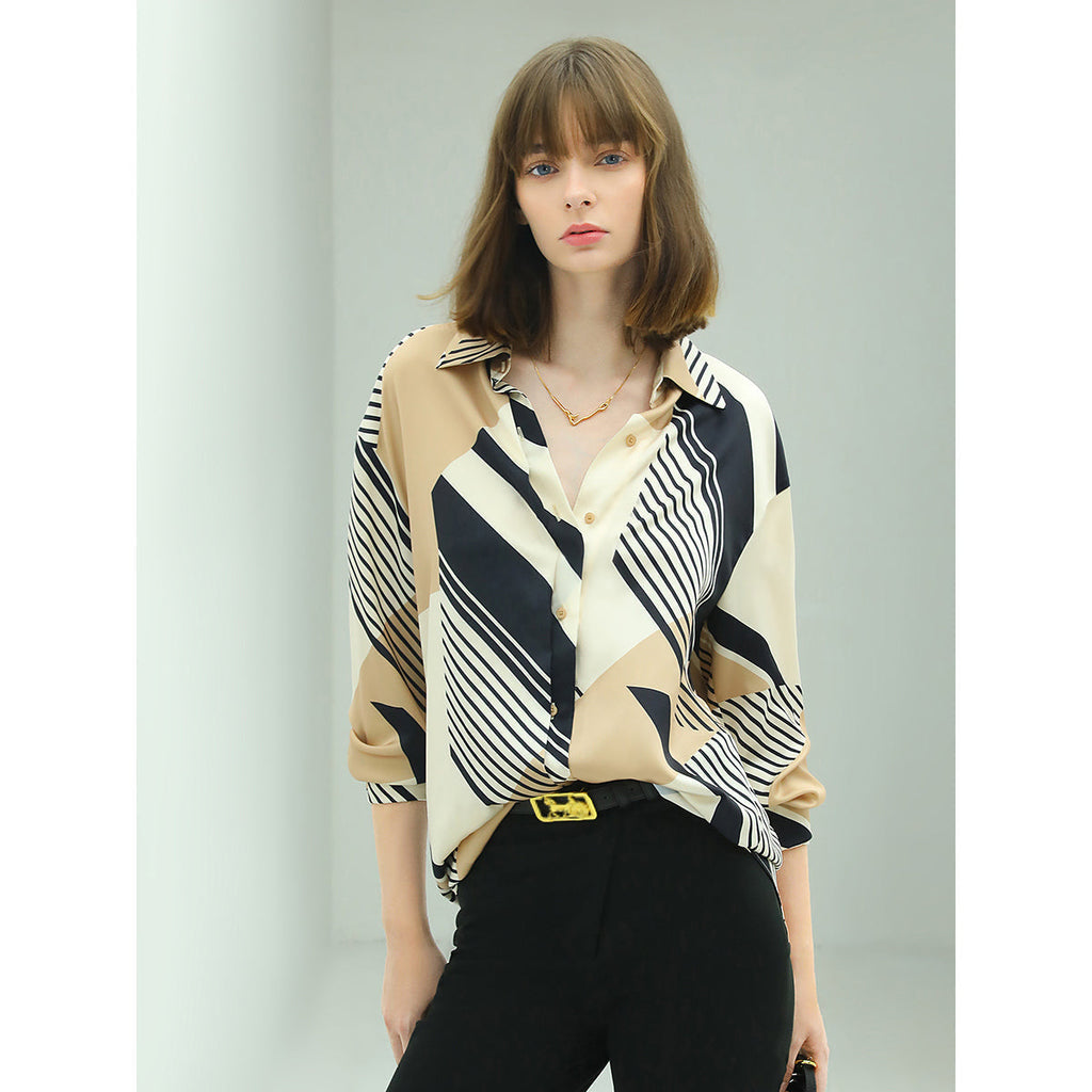 Abstract Geometric Print Silk Khaki Shirt-1