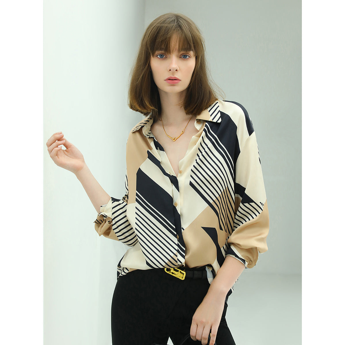 Abstract Geometric Print Silk Khaki Shirt-2