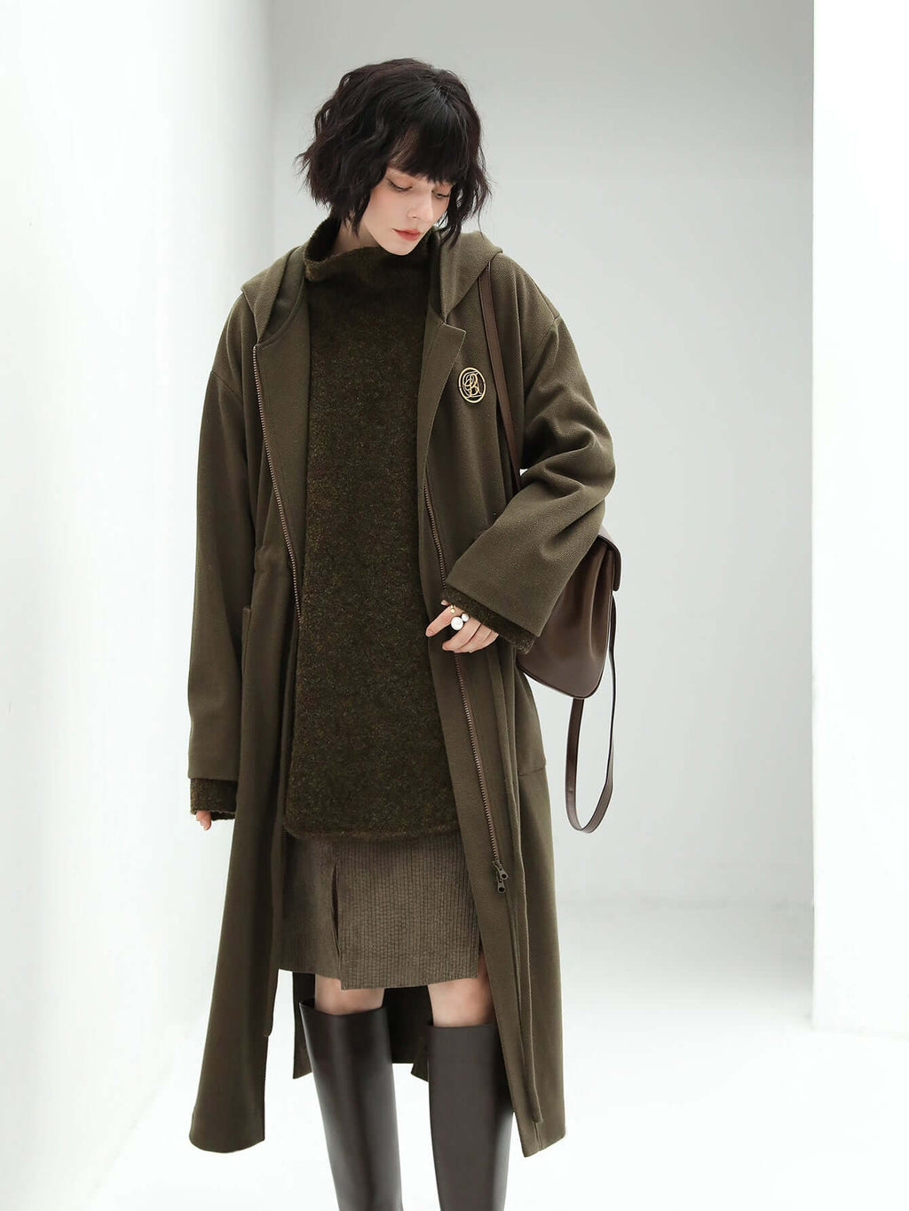 Adjustable Drawstring Brown Hooded Wool Coat Women-1