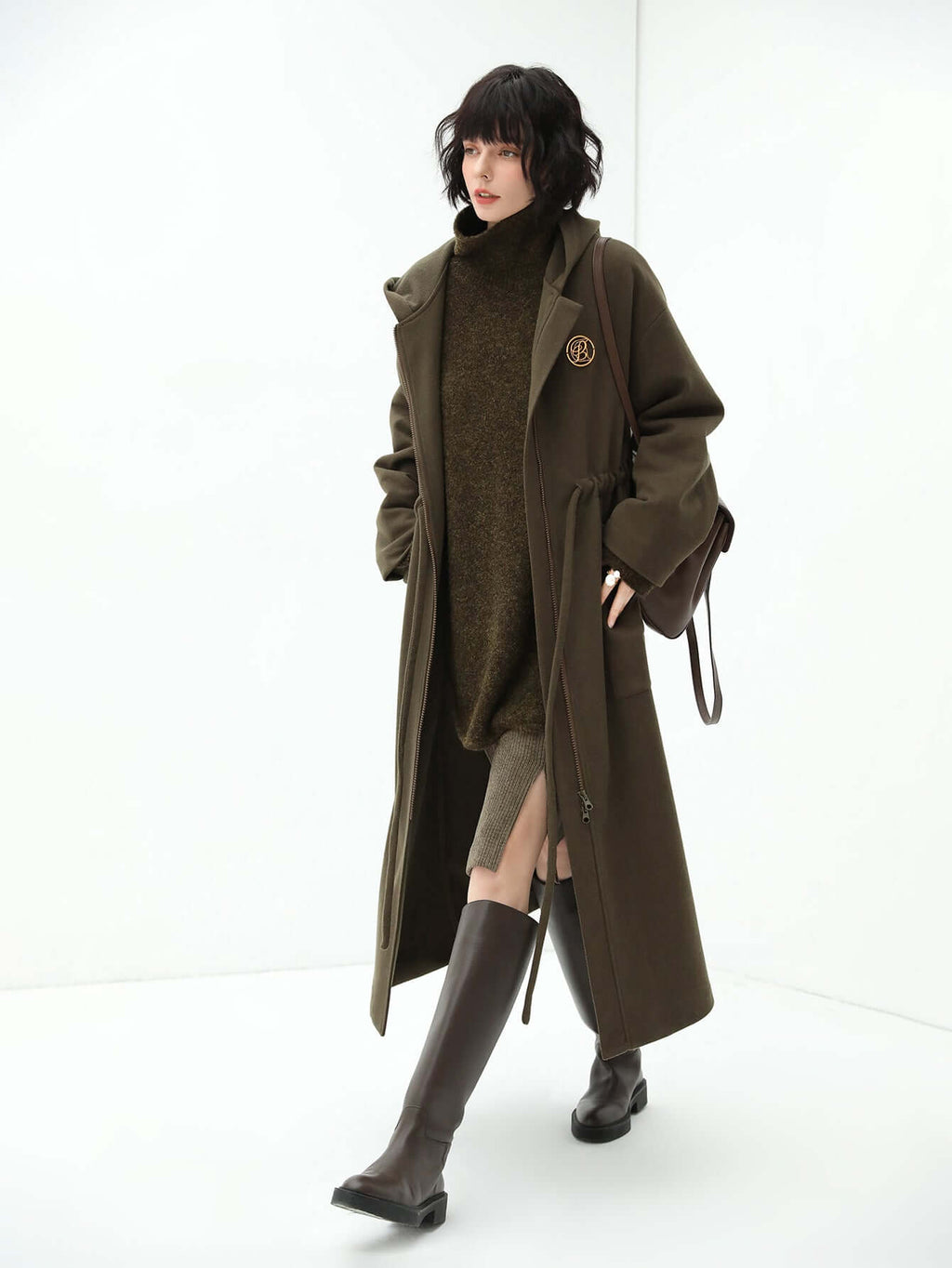 Adjustable Drawstring Brown Hooded Wool Coat Women-2