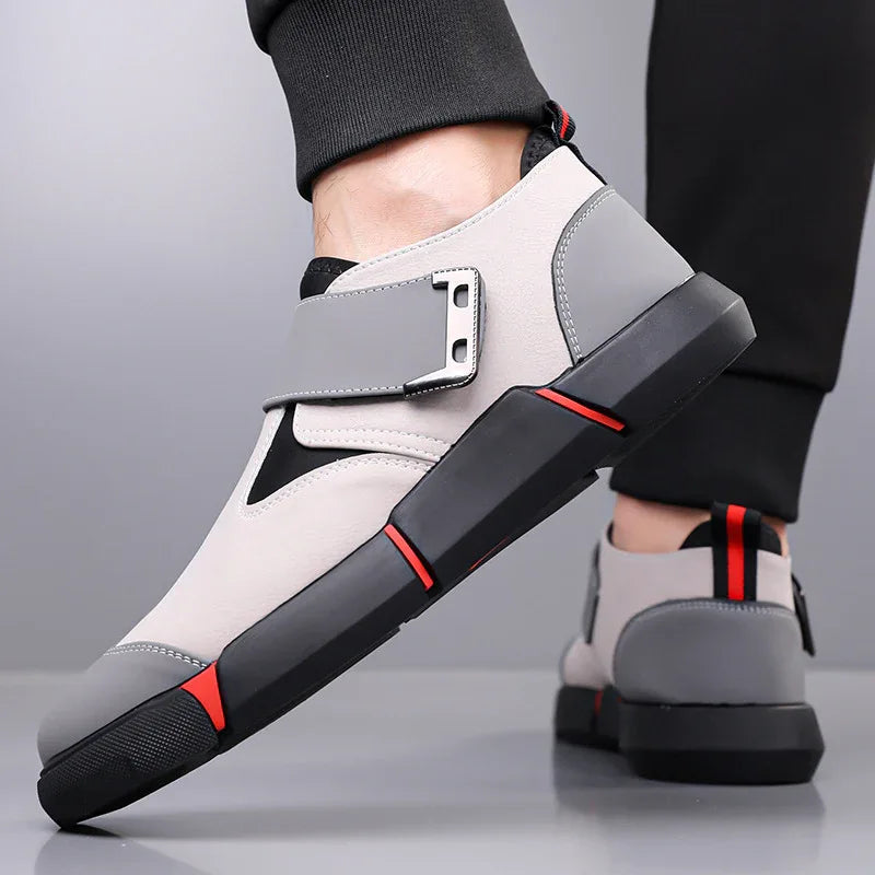 Men's Casual Comfortable Leather Slip-On Low-Top Velcro Non-Slip Flat Heel Shock Absorption Shoes