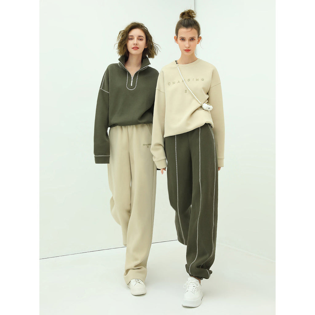 Airy Green Sweater Pants with Contrast Piping Details-3
