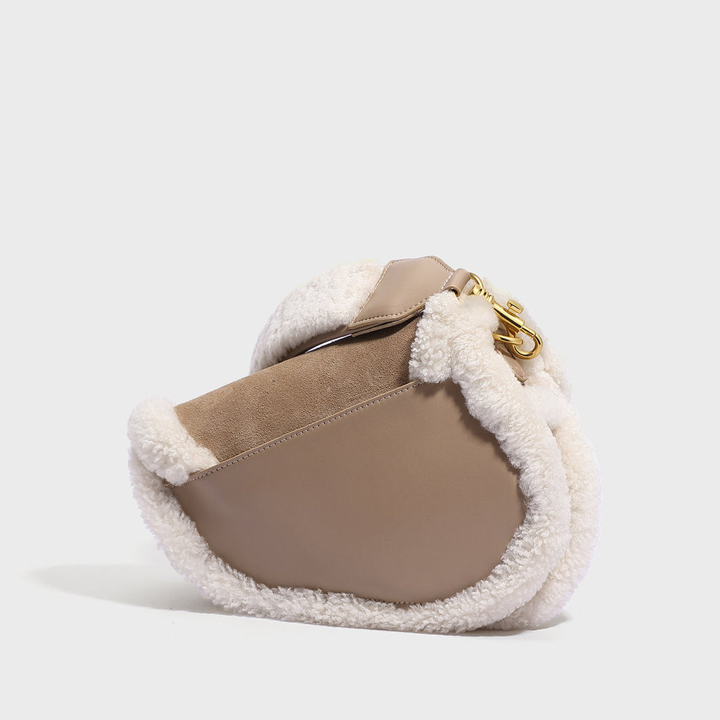 Apricot Beige Furry Saddle Shoulder Bag-3