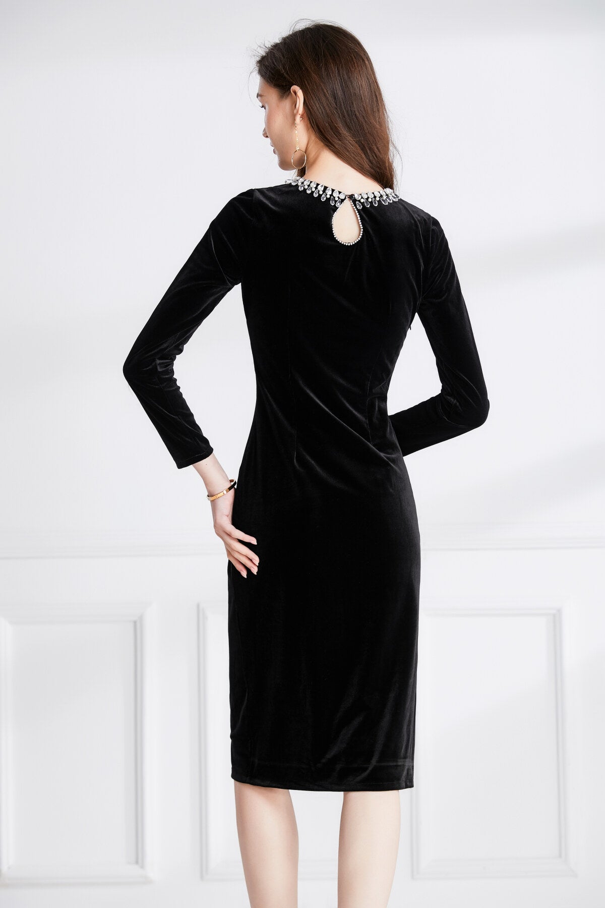 Beaded Vintage High Waist Slit Black Velvet Maxi Dress