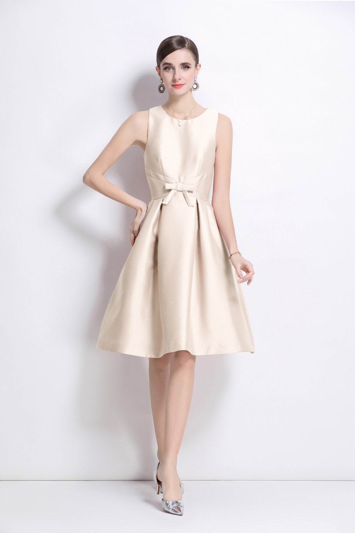 Belted Bowknot Satin Fitted Midi Dress