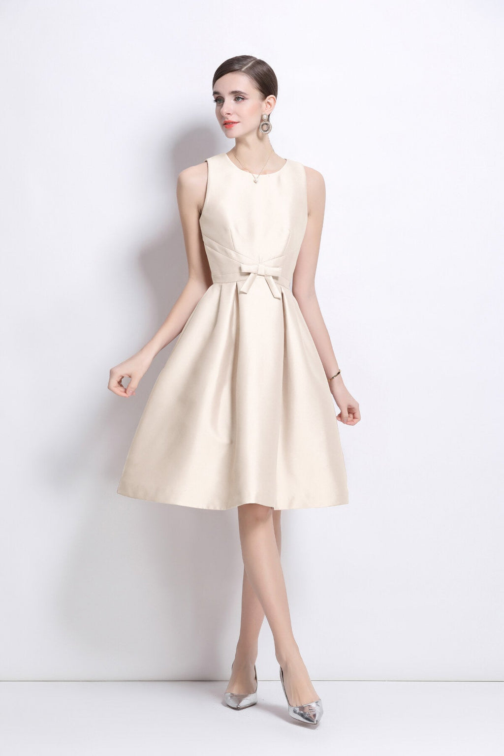 Belted Bowknot Satin Fitted Midi Dress-4