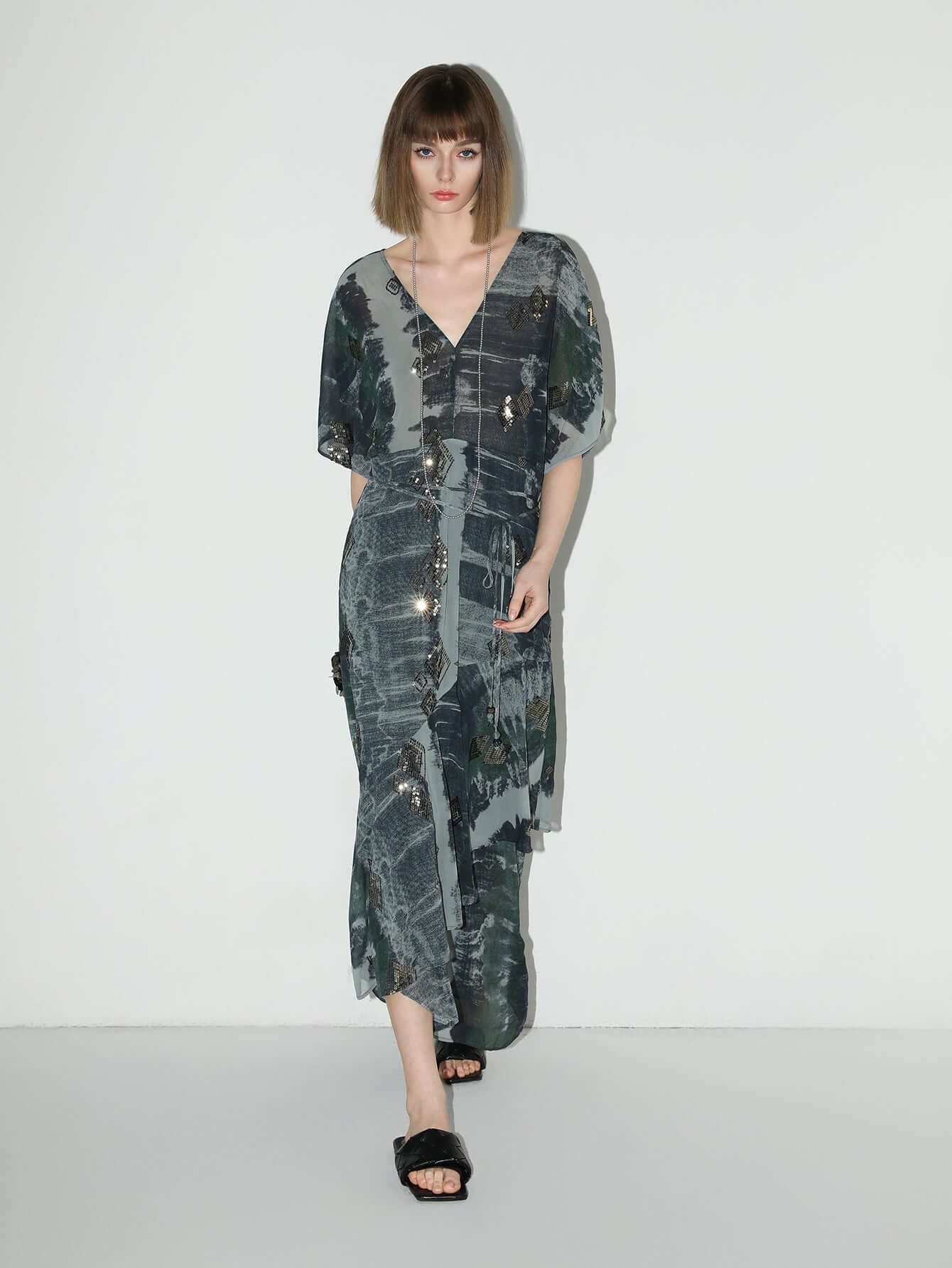 Black and Grey Tie-Dye Print Chiffon Dress-2