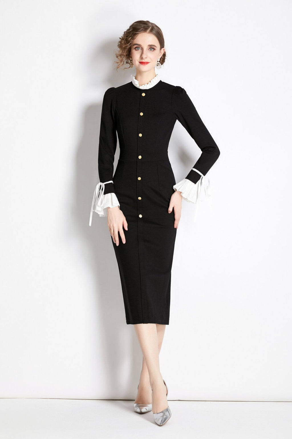 Black French Paneled Button Down Slim Fit Dress-2