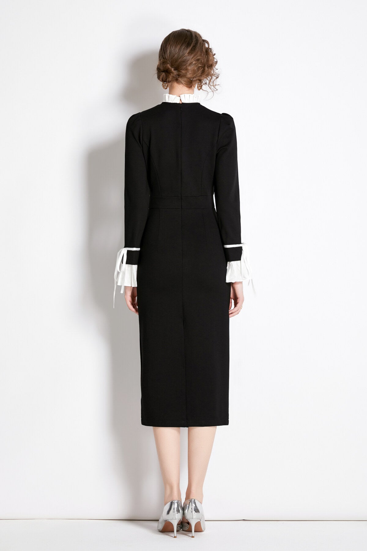 Black French Paneled Button Down Slim Fit Dress-3