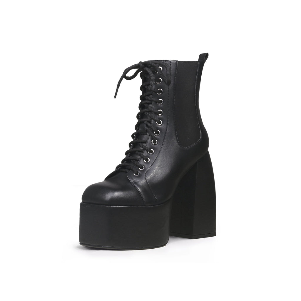 Black Lace-Up Thick Heel Platform Boots-1