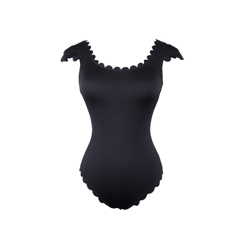 Black One Piece Scallop Trimmed Slimming Swimsuit-3