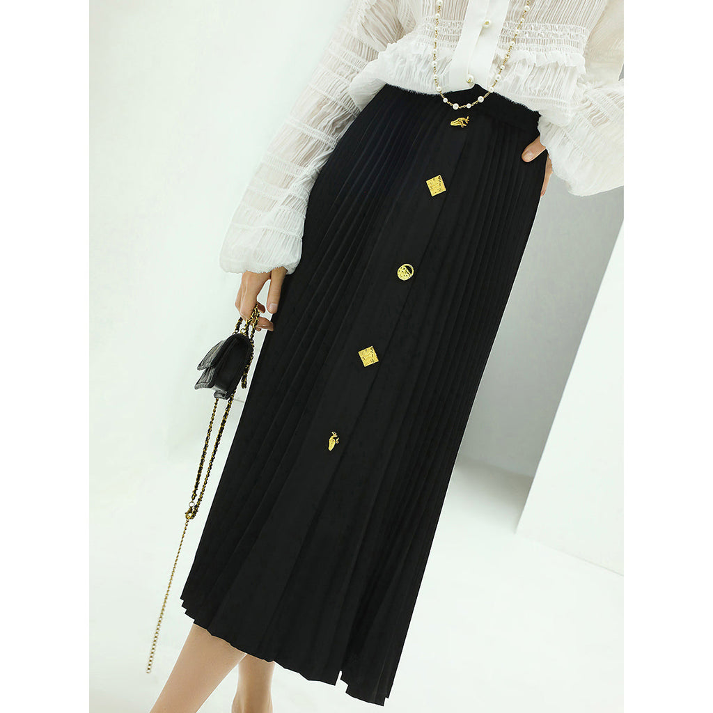 Black Pleated Skirt With Gold Metal Buttons-0