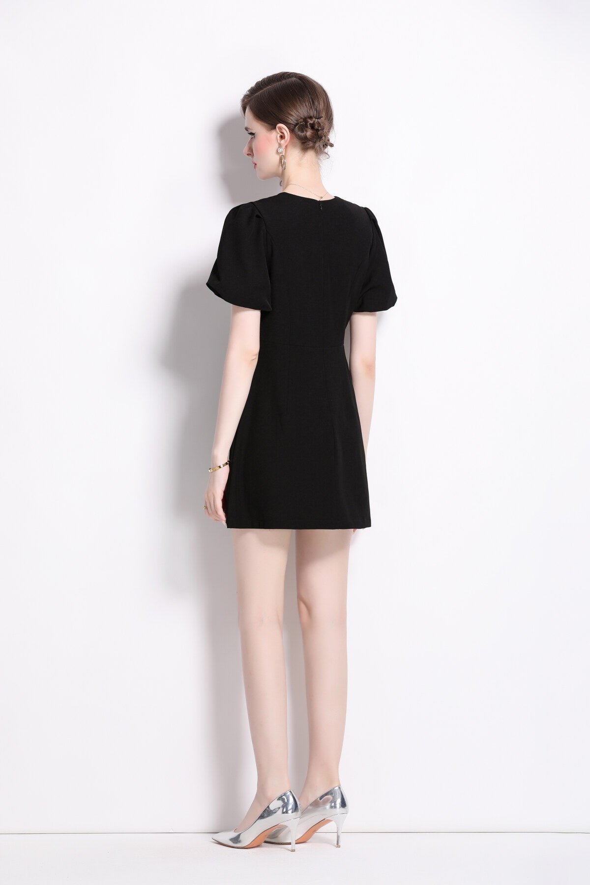 Black Puff Sleeve A Line Mini Dress