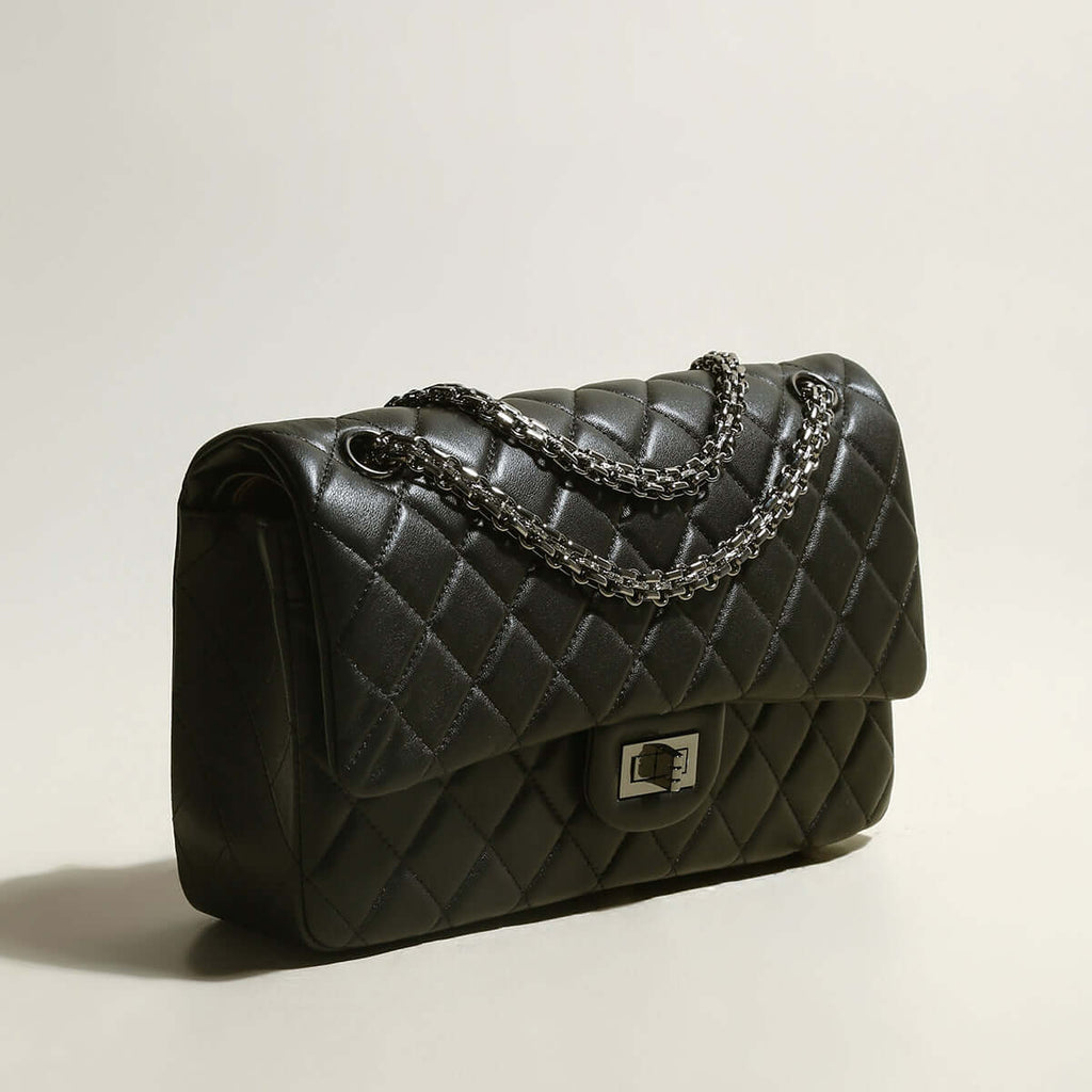 Black Quilted Bag with Metallic Chain Straps-1