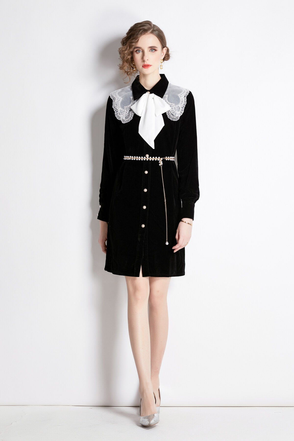 Black Velvet Embroidered Collar Button Up Long Sleeve Dress