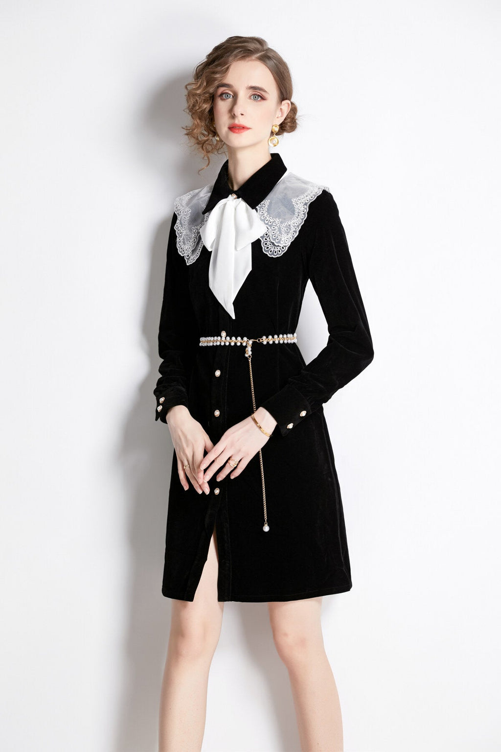 Black Velvet Embroidered Collar Button Up Long Sleeve Dress
