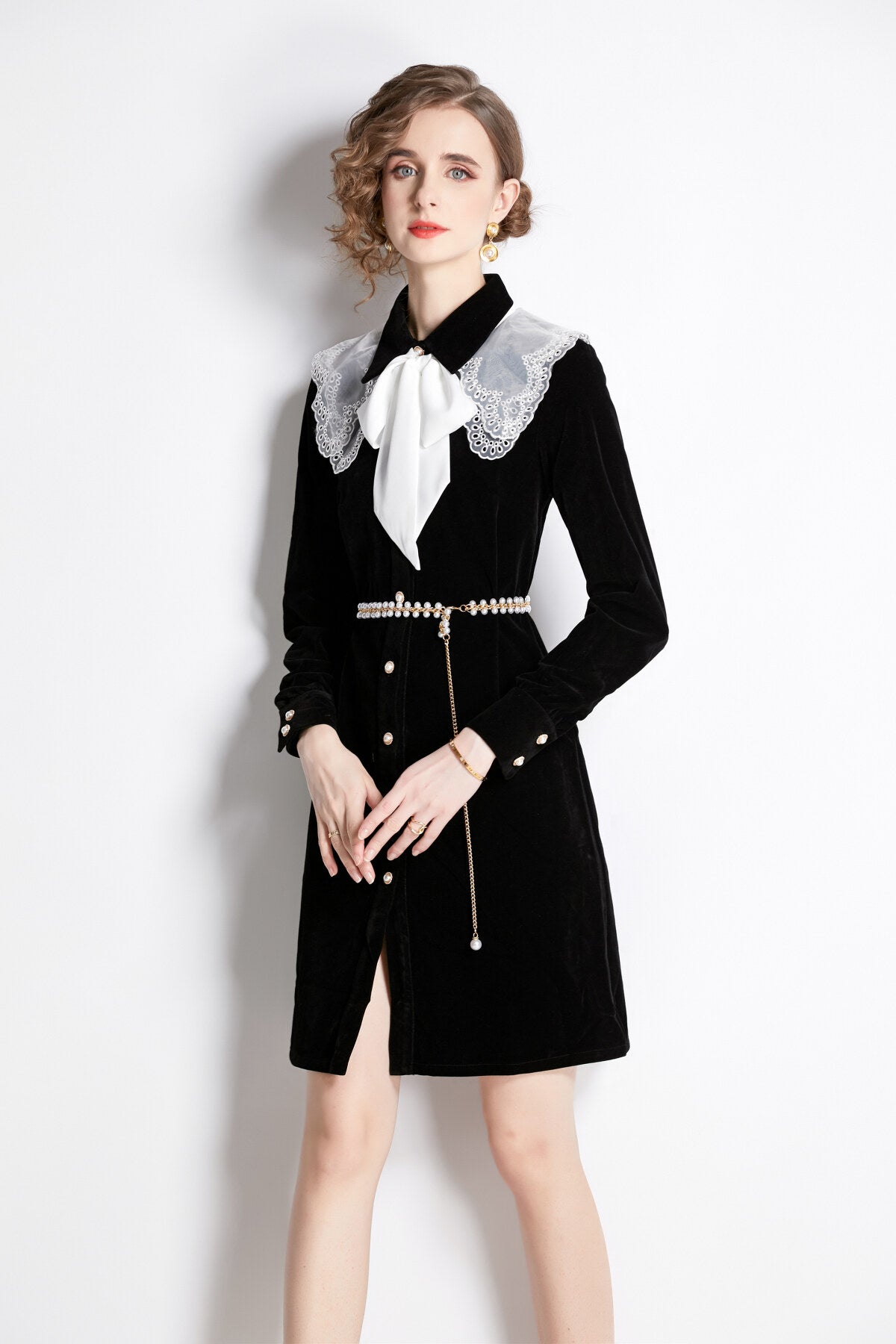 Black Velvet Embroidered Collar Button Up Long Sleeve Dress