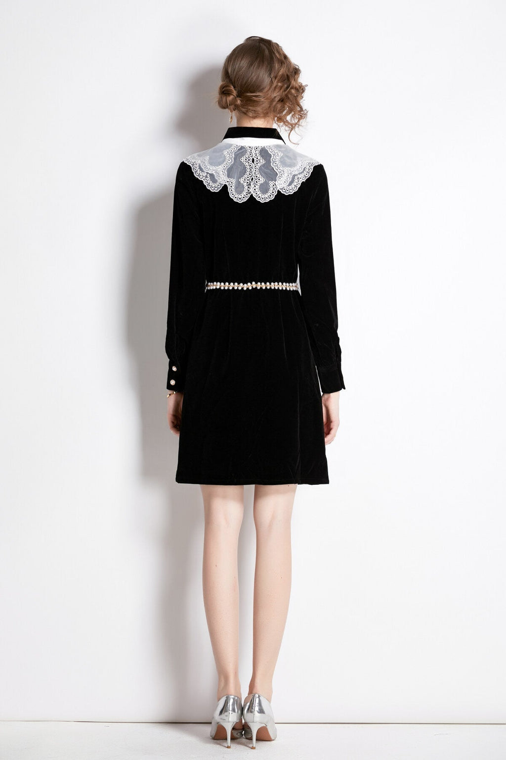Black Velvet Embroidered Collar Button Up Long Sleeve Dress