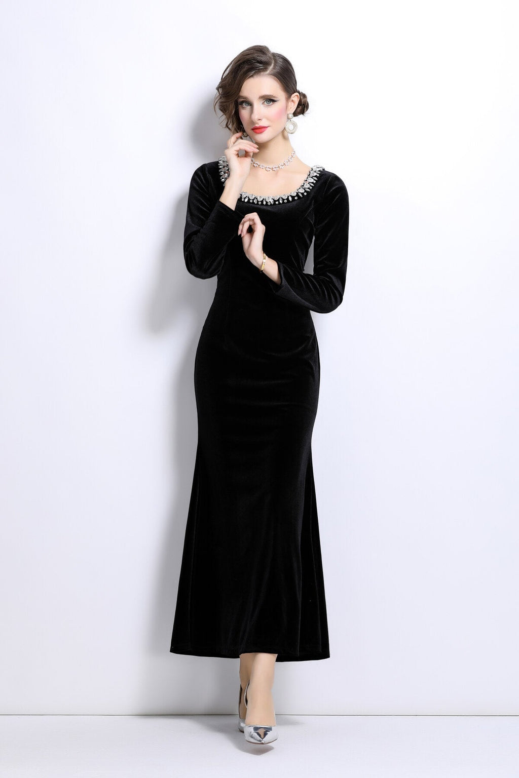 Black Velvet Vintage Fishtail Dress-2