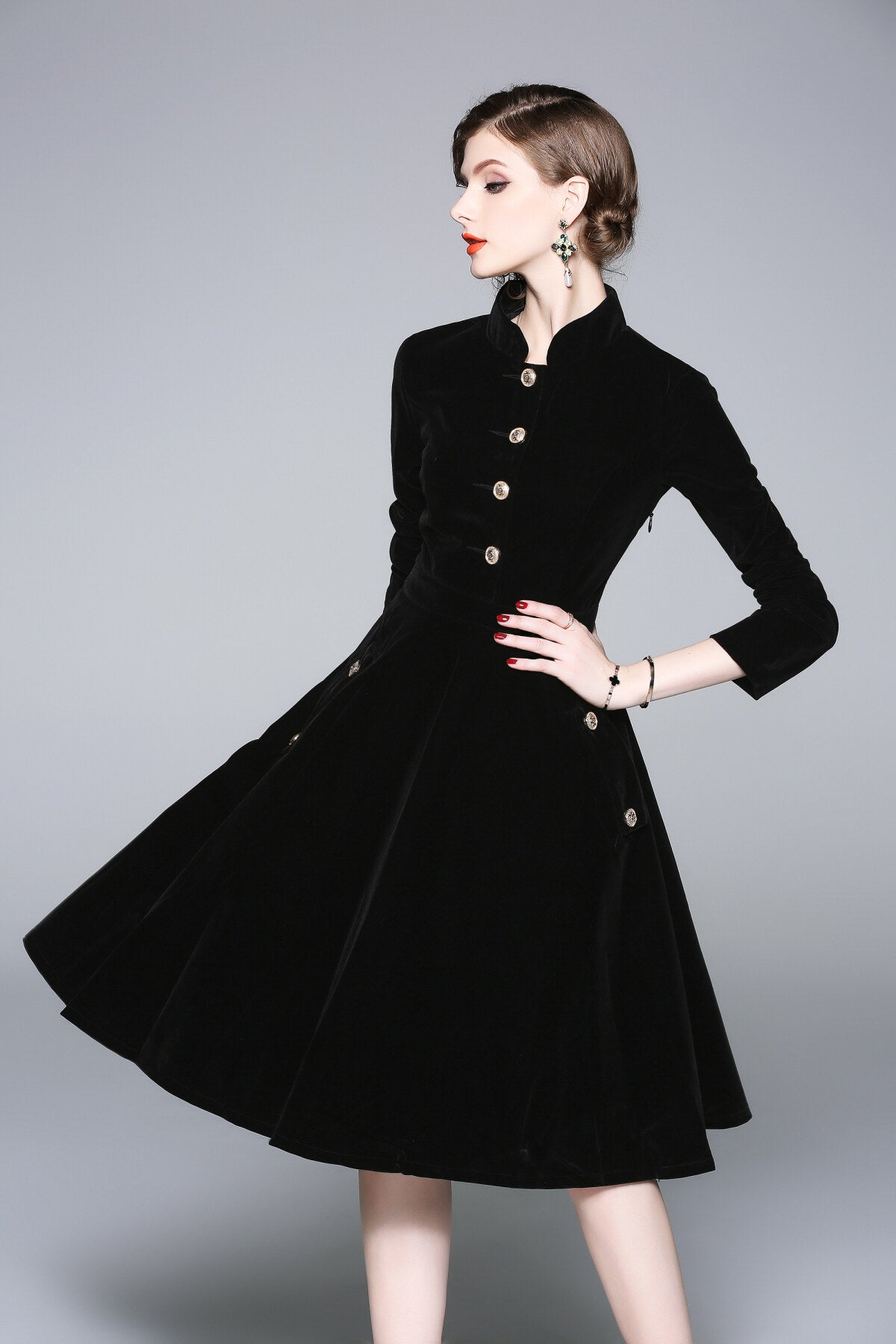 Black Velvet Vintage Stand Collar Fit and Flare Dress-2