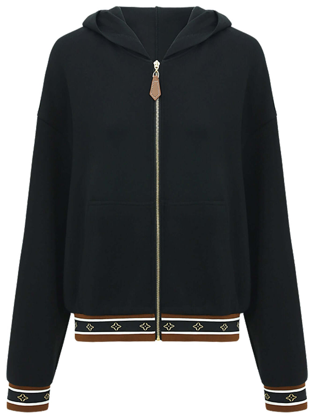 Black Zip-Through Hooded Jacket with Hem and Cuff Piping-3