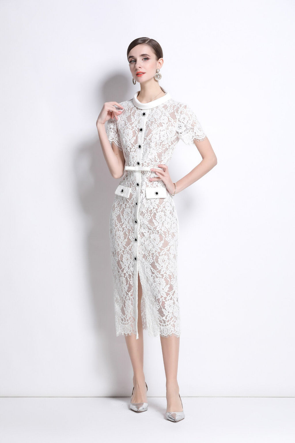 Blanca Slim Fit Round Neck Button Down Lace Dress-1