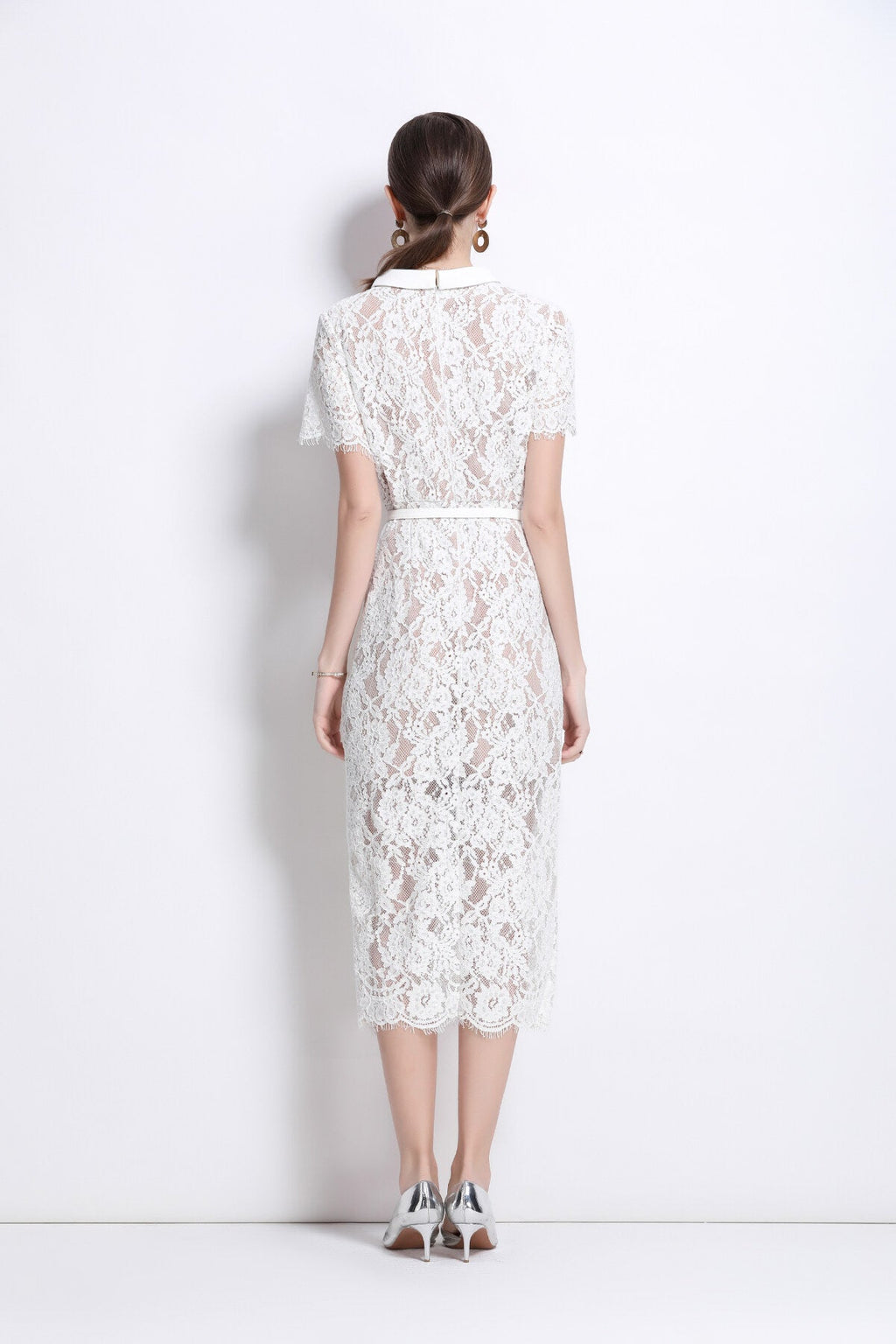 Blanca Slim Fit Round Neck Button Down Lace Dress-3