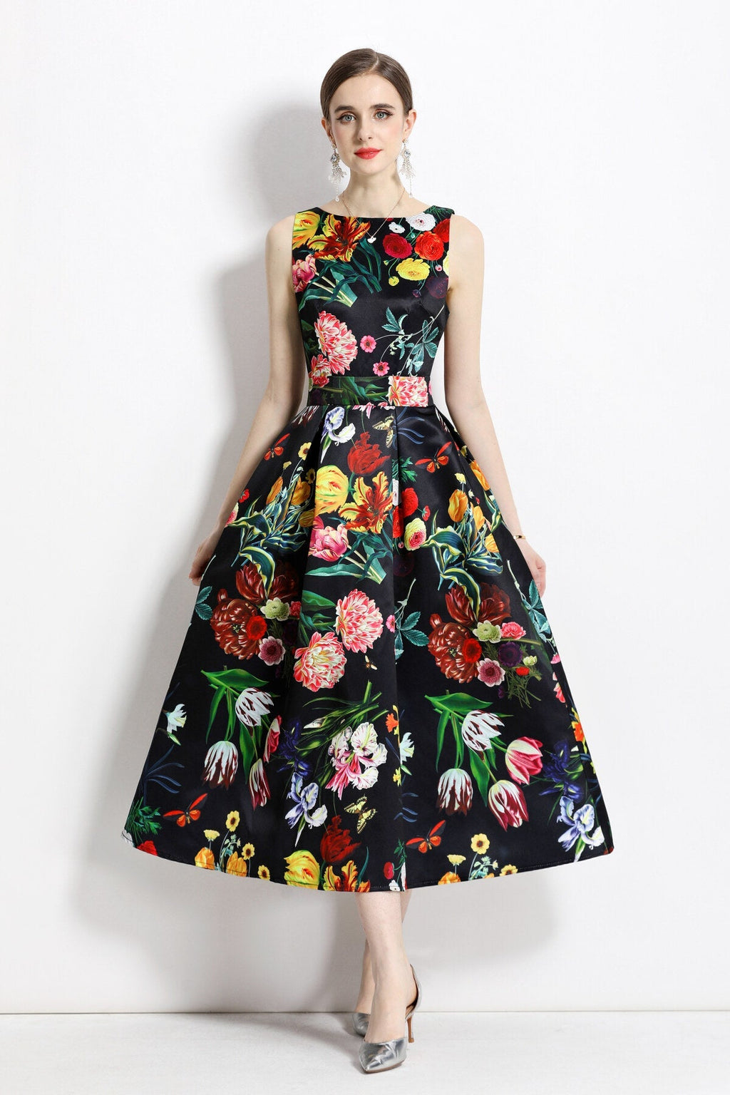 Blooming Garden Sleeveless Pleated A Line Tea Dress