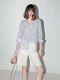 Blue and White Striped Long Sleeve Collared Shirt-0