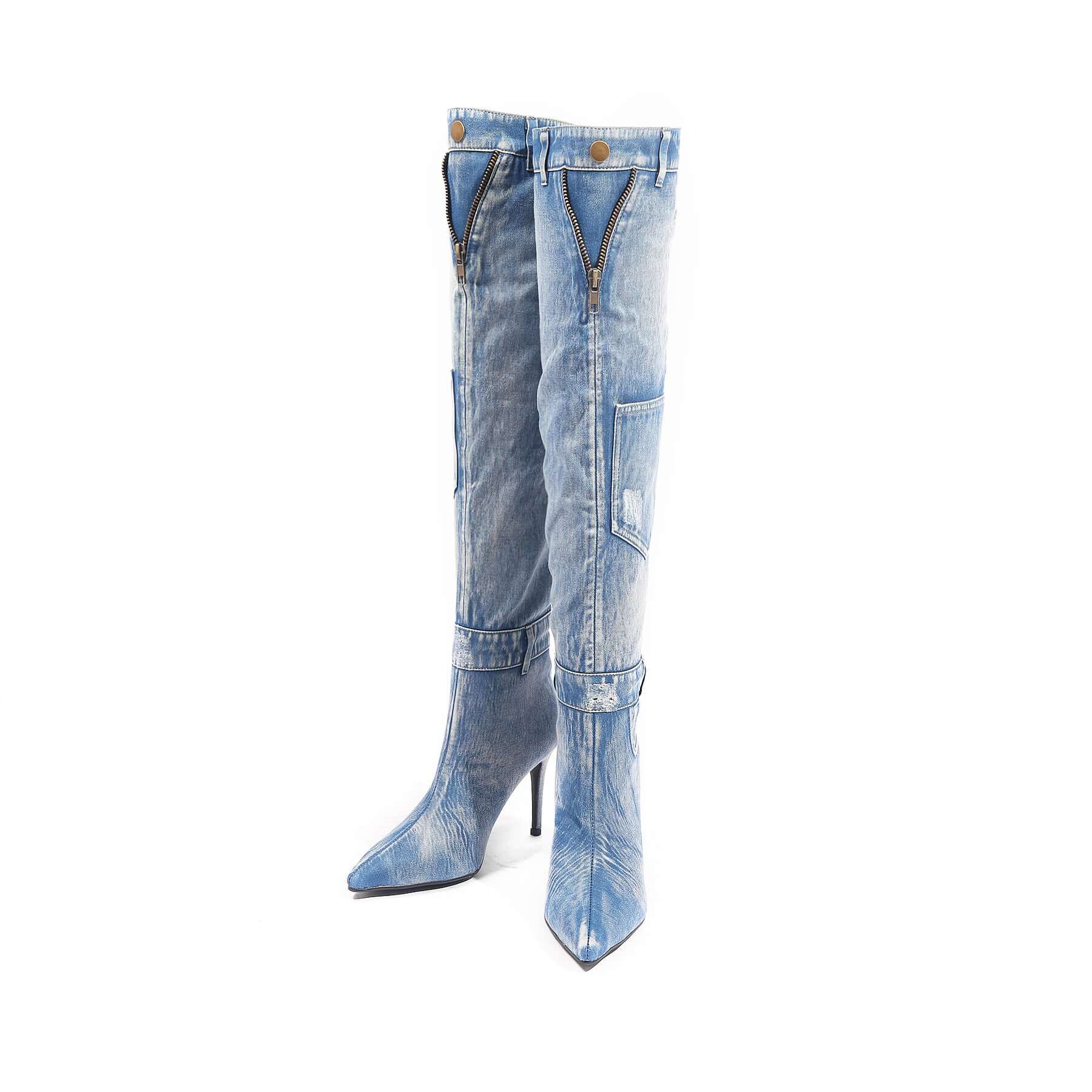 Blue Denim Boll Knee-High Boots-3