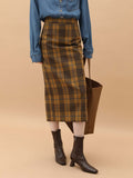 British-Style Brown Plaid Midi Skirt-0