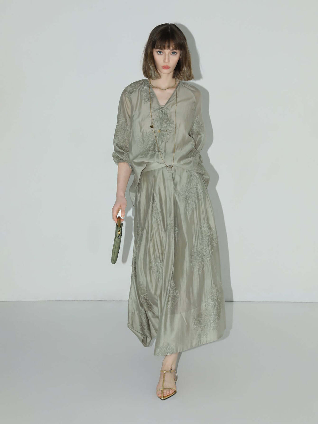 Brocade Button Embroidered Mint Green Kaftan Dress-1