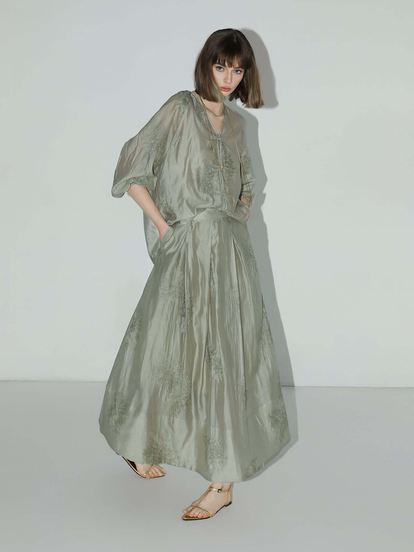 Brocade Button Embroidered Mint Green Kaftan Dress-2