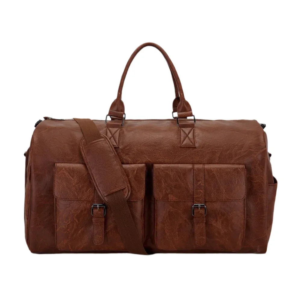 Brown PU Leather Duffle Convenient Travel Luggage Bag With Shoulder Strap