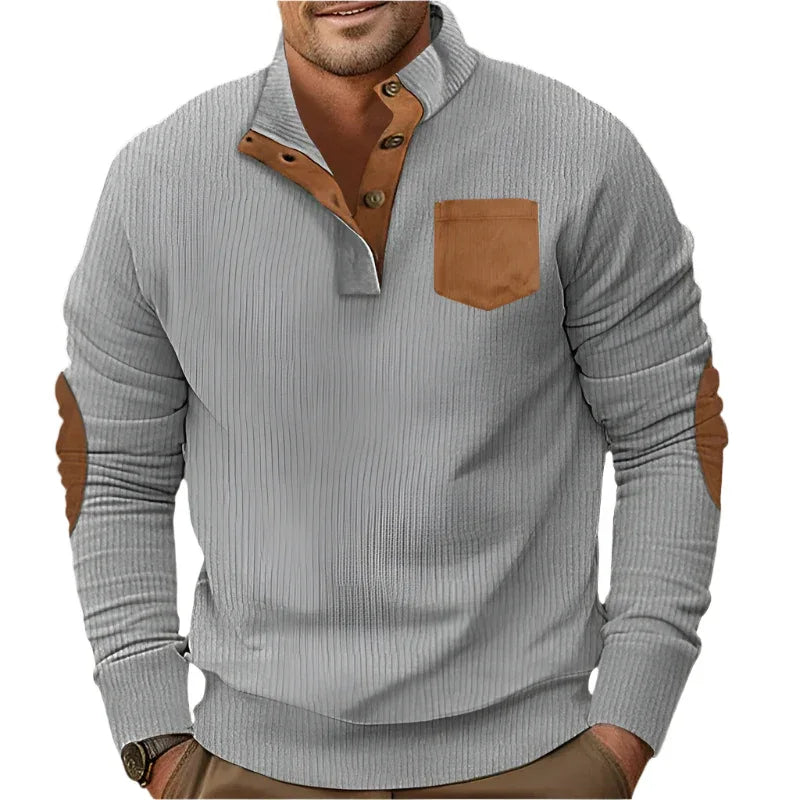 Buttoned Standing Collar Men's Sweater With Chest Pocket