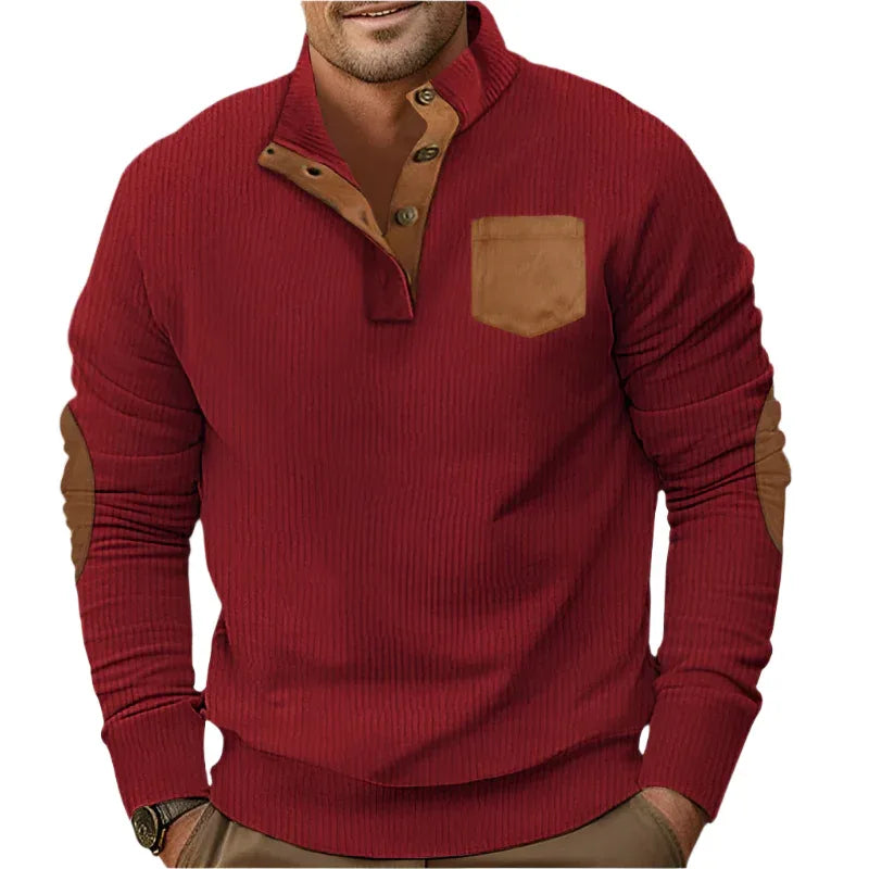 Buttoned Standing Collar Men's Sweater With Chest Pocket