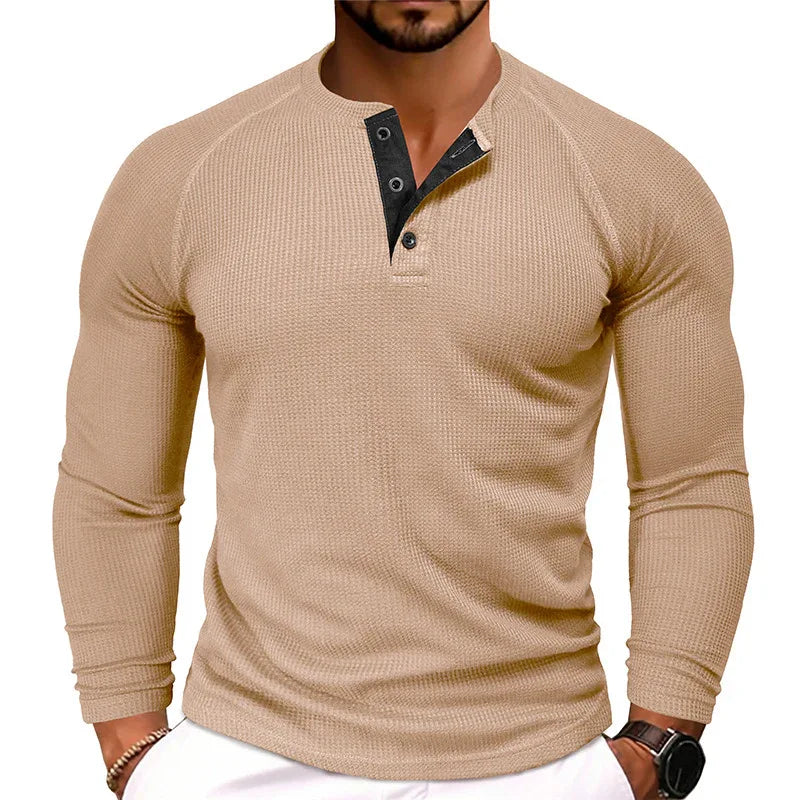 Men's Round Neck Waffle Casual Buttoned Long Sleeve T-Shirt