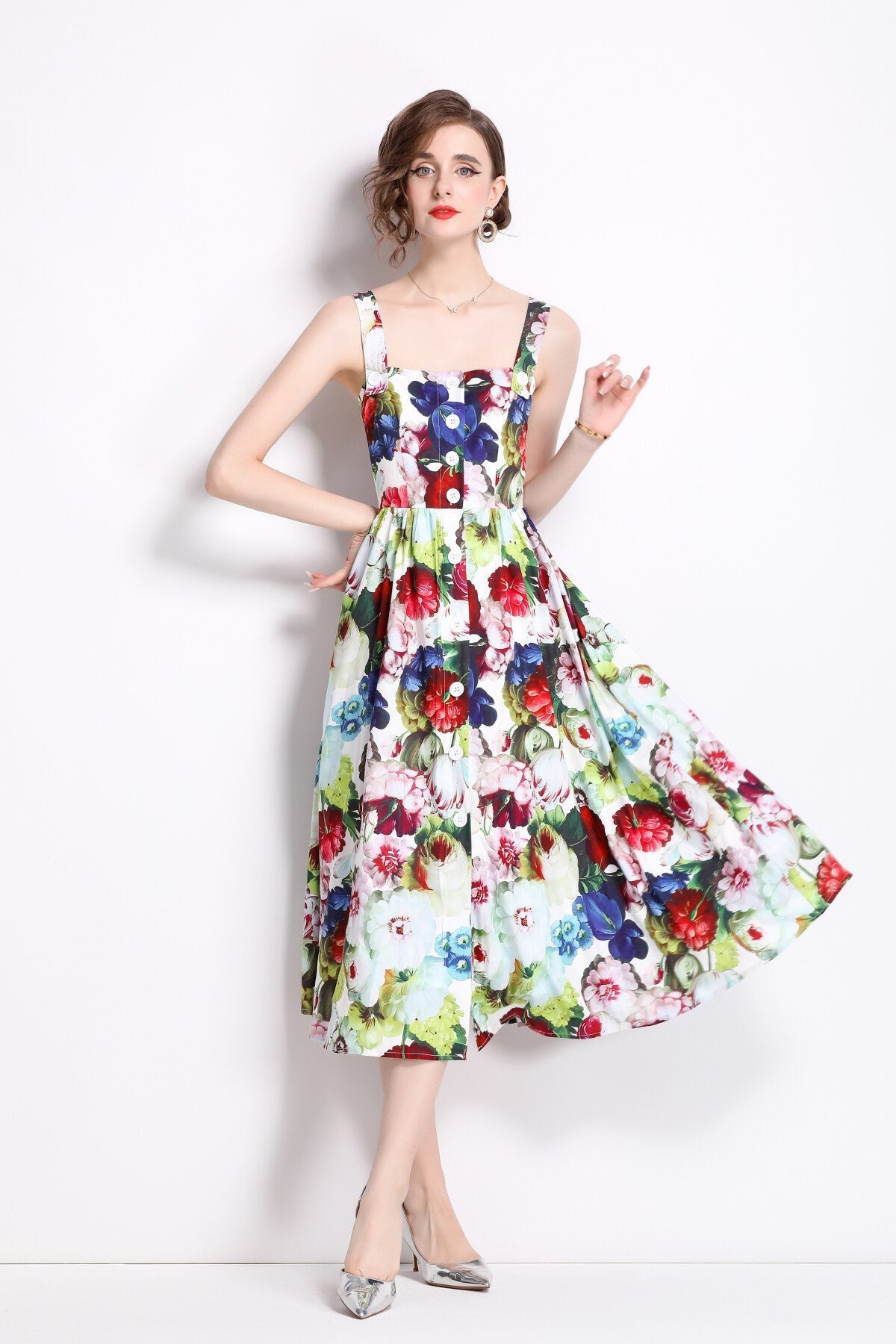 Carnival Thick Strap Flared Midi Dress-2