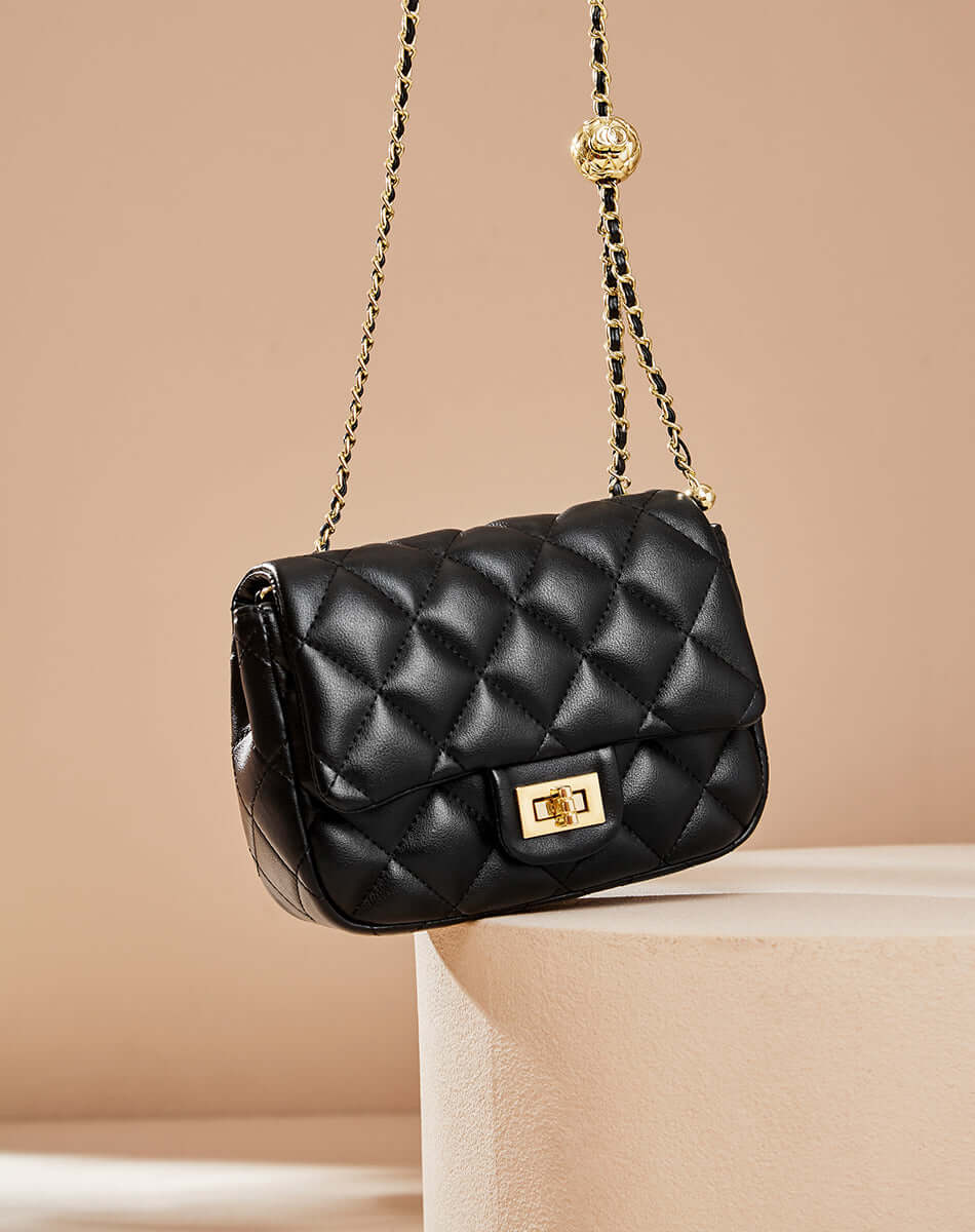 Chic Black Diamond Quilted Chain Leather Bag-4